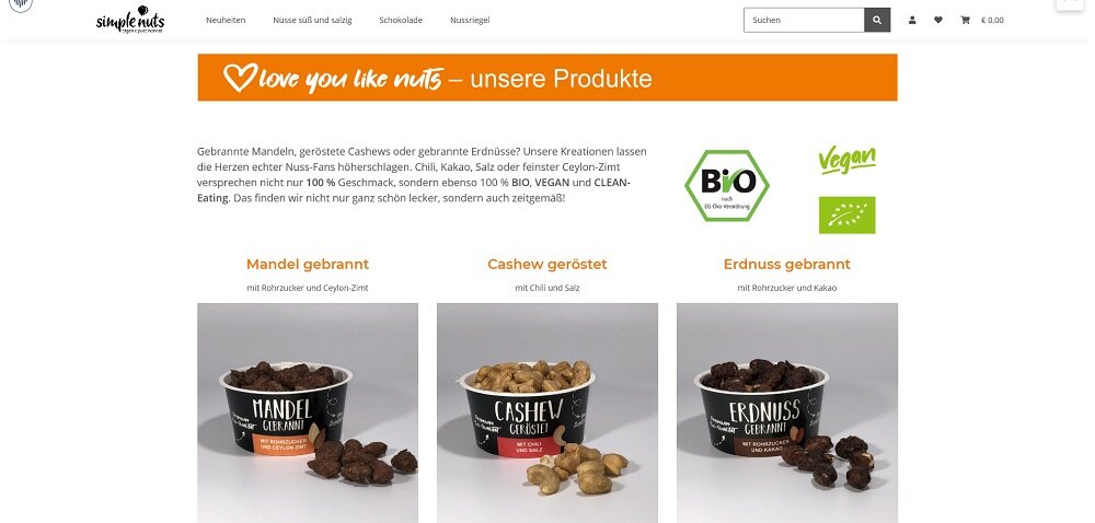 Simplenuts Onlineshop Mandeln Cashews Erdnüsse Referenz JTL Shop Webdesign